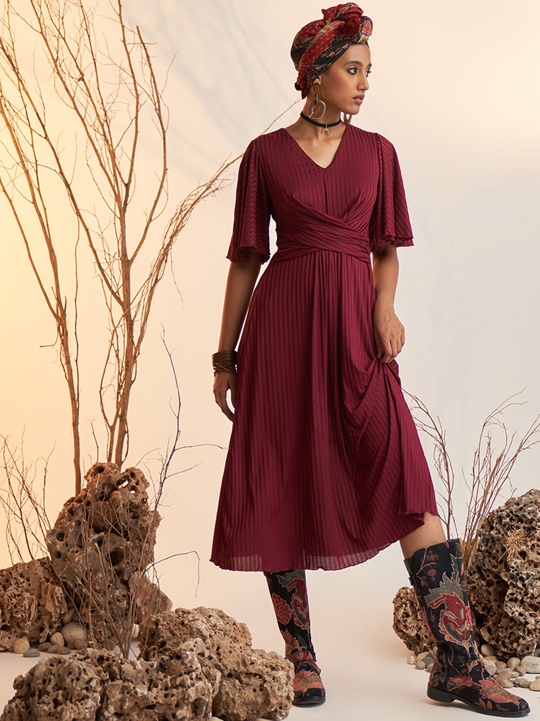 

Ritu Kumar Red Self Striped A-Line Midi Dress