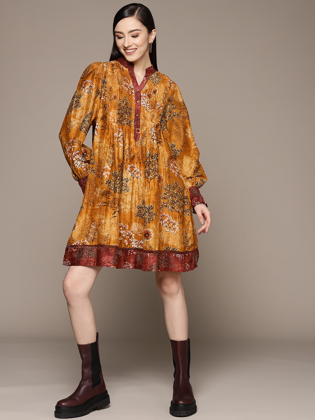 

Ritu Kumar Mustard Yellow & Brown Floral Print A-Line Dress