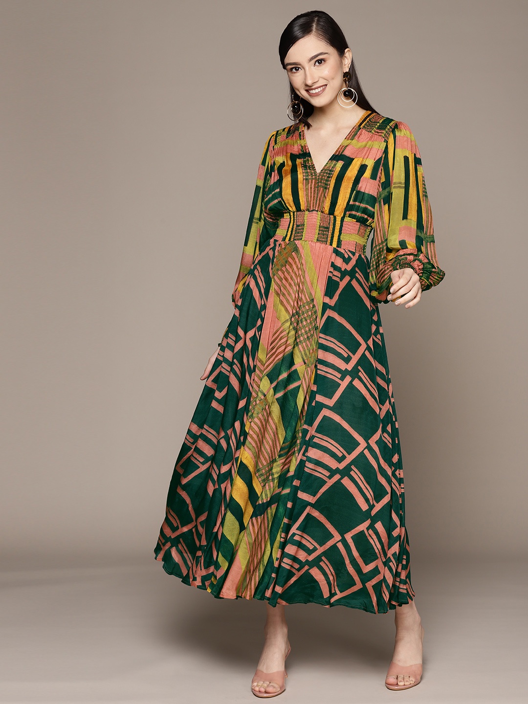 

Ritu Kumar Peach-Coloured & Green Geometric Print A-Line Maxi Dress