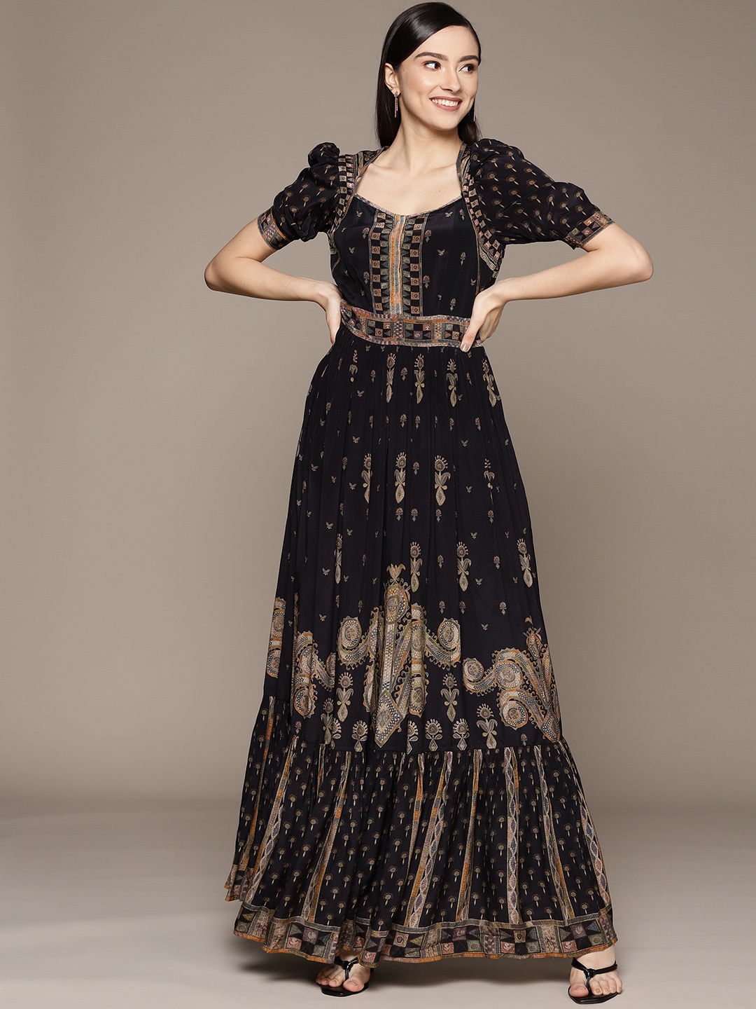 

Ritu Kumar Black & Golden Ethnic Motifs Printed Maxi Dress