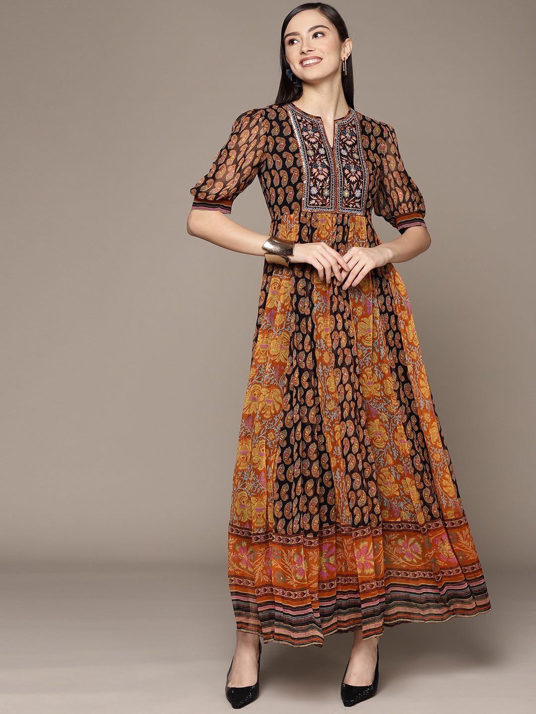 

Ritu Kumar Black & Brown Paisley Print Maxi Dress