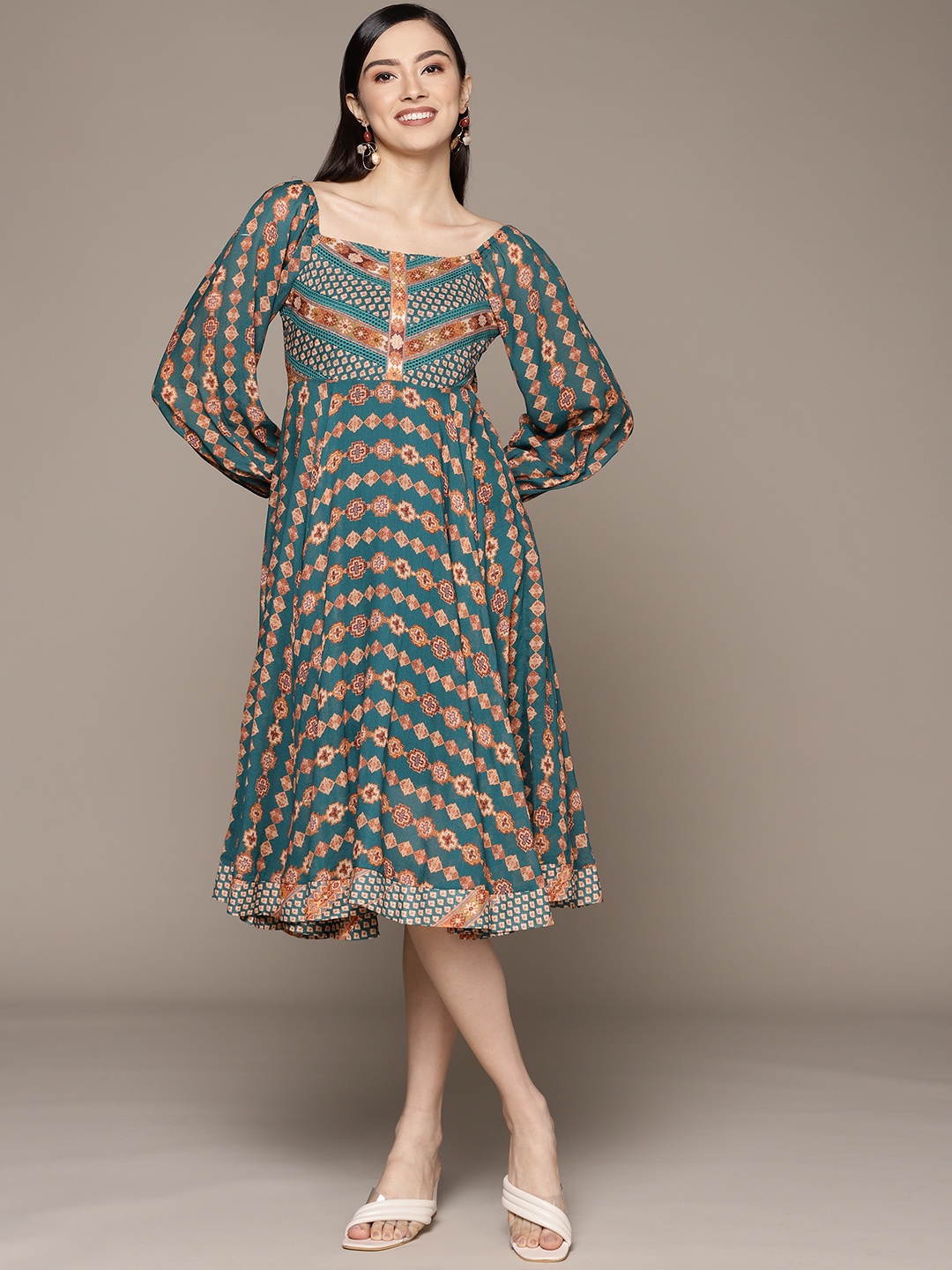 

Ritu Kumar Teal Blue & Beige Ethnic Motifs Printed A-Line Midi Dress