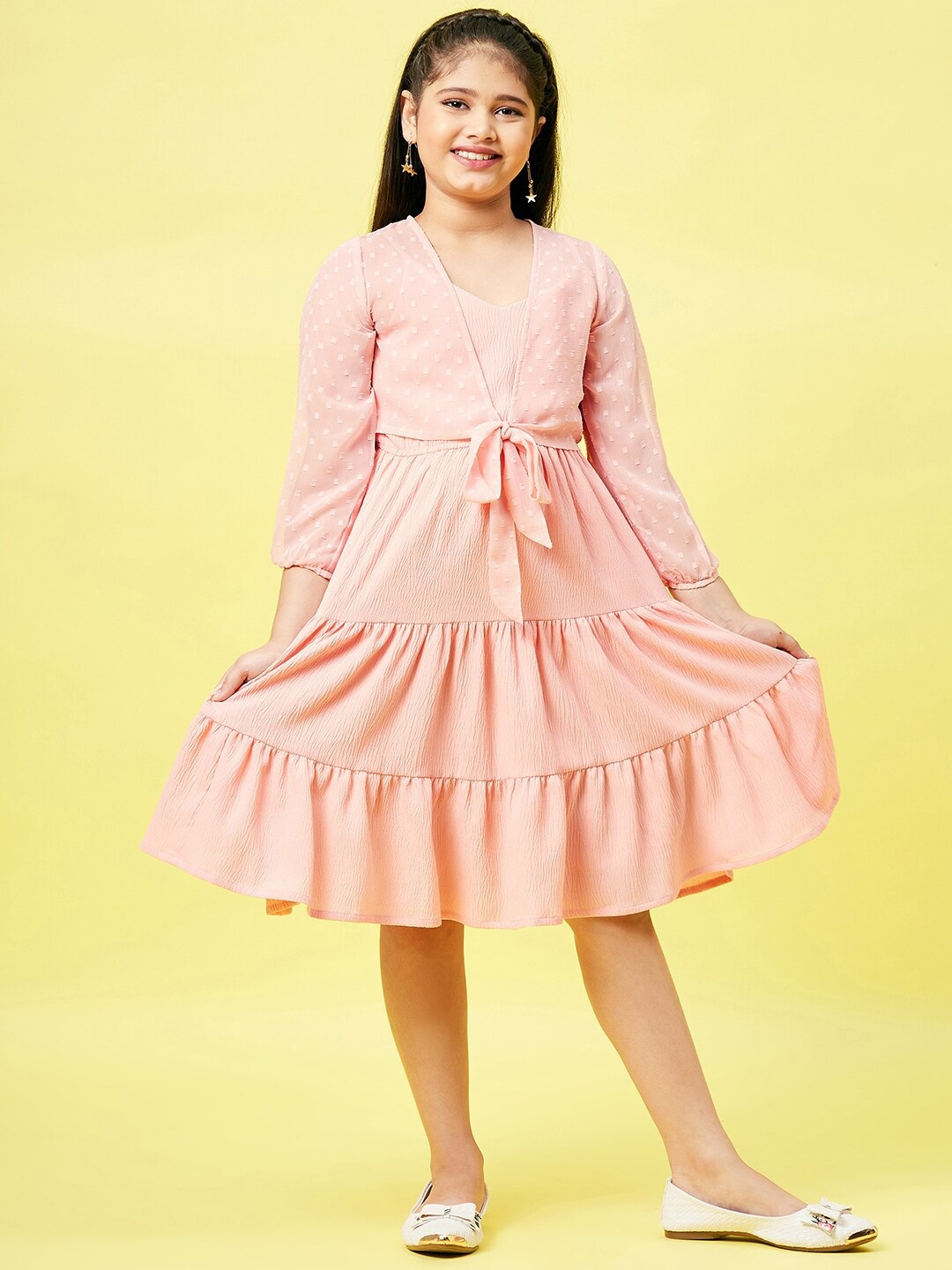 

Stylo Bug Peach-Coloured Self Design Tiered Dress