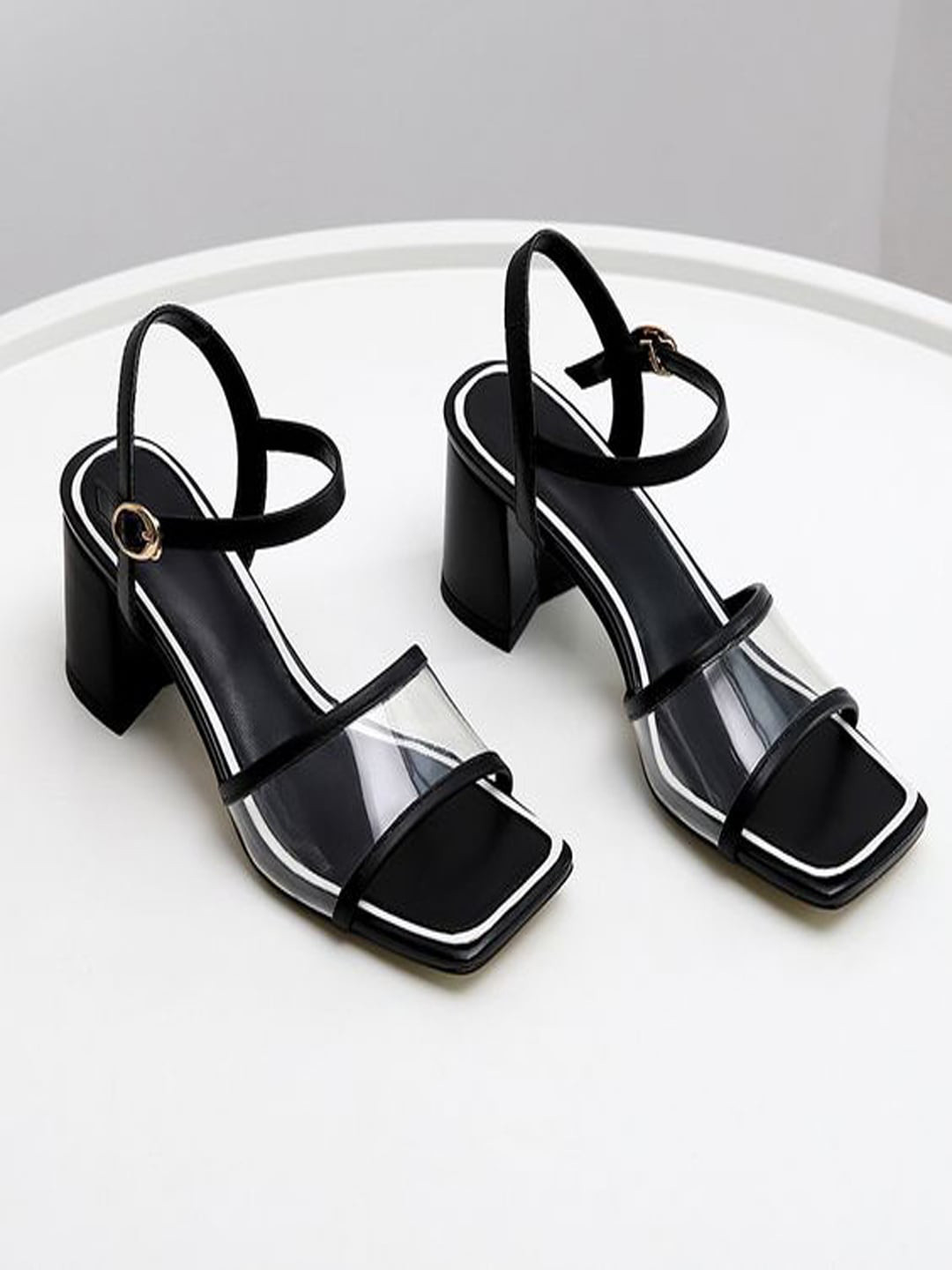 

Shoetopia Black Block Sandals with Buckles