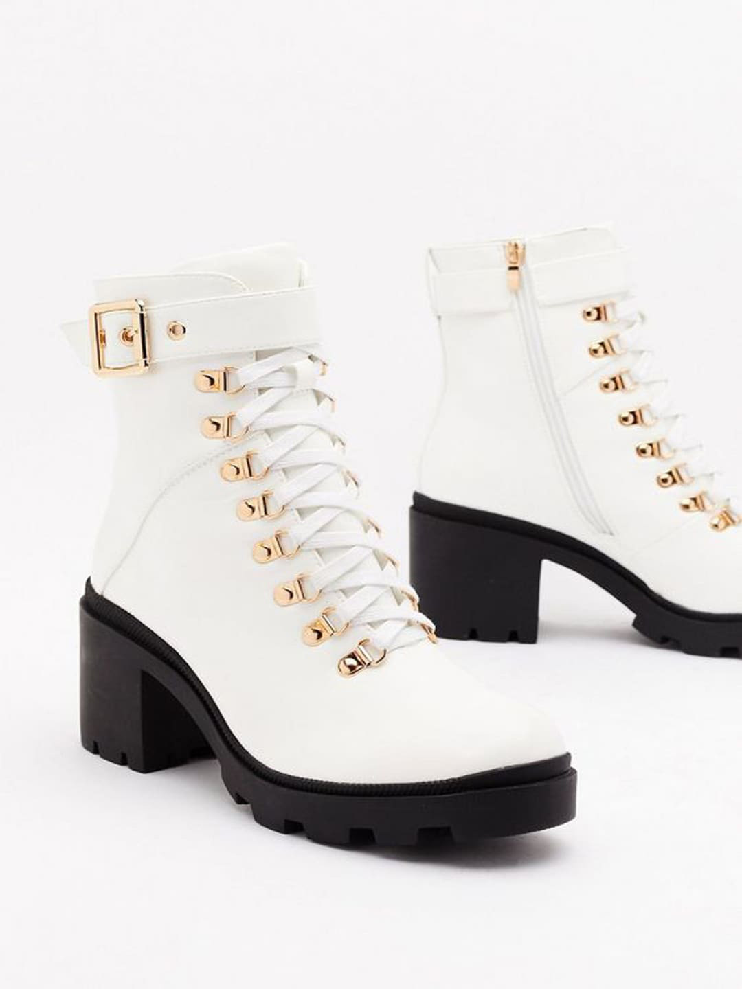 

Shoetopia Women White & Gold-Toned Block Heel Mid-top Boots