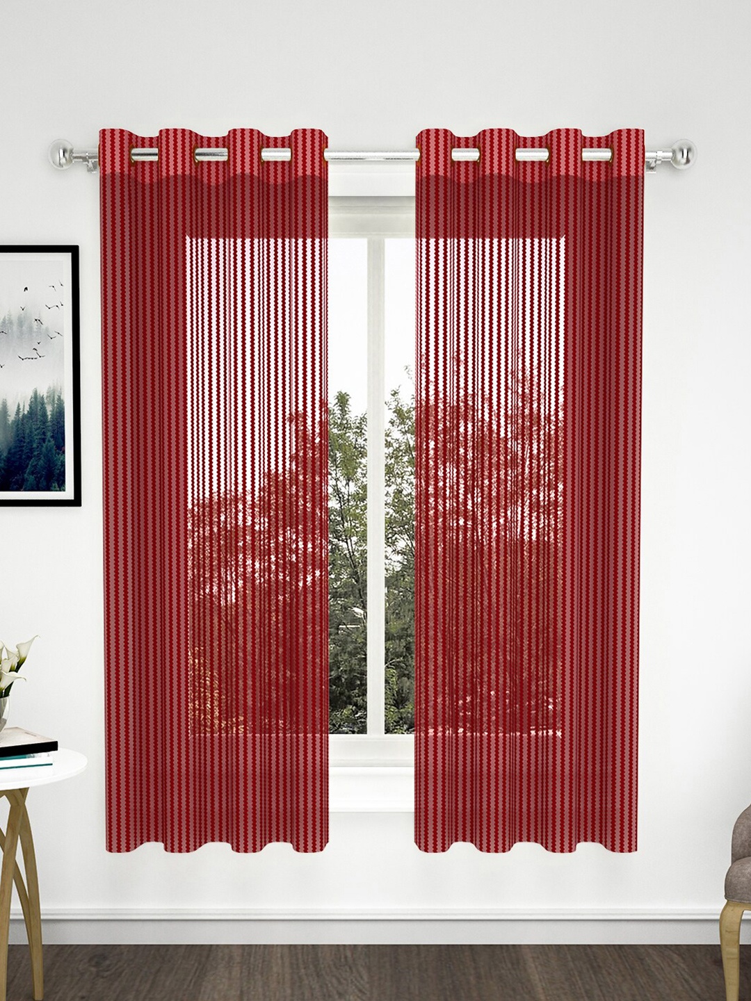 

Story@home Set of 2 Maroon Striped Sheer Window Curtain