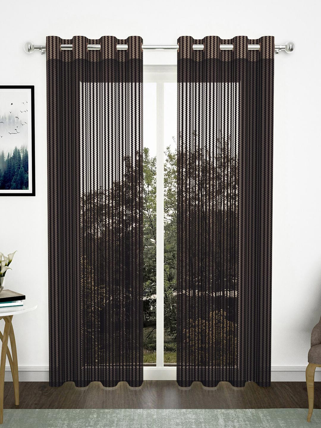 

Story@home Set of 2 Coffee Brown Striped Sheer Door Curtain