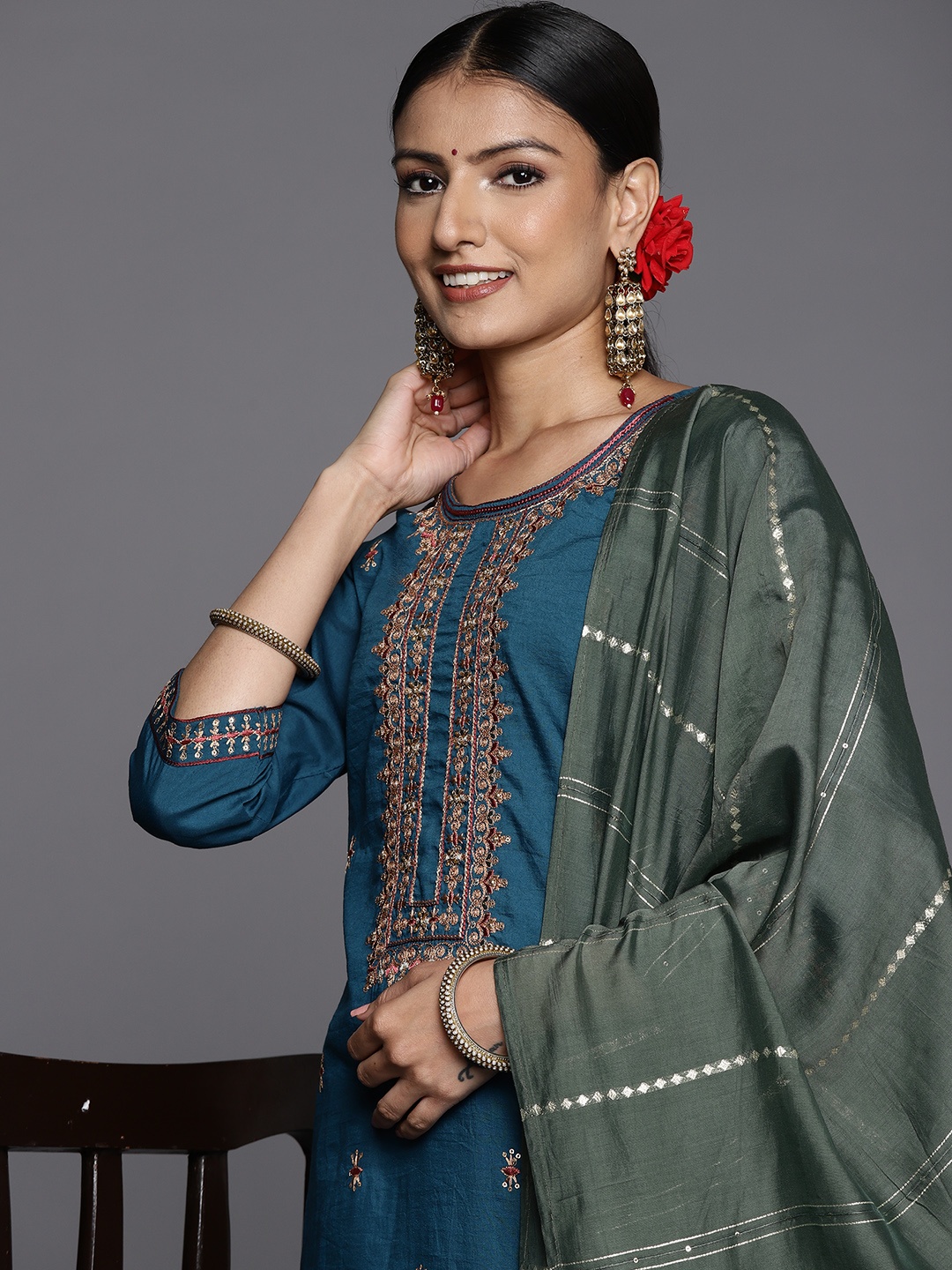 

Varanga Women Blue Ethnic Motifs Yoke Design Thread Work Kurta with Sharara & With Dupatta