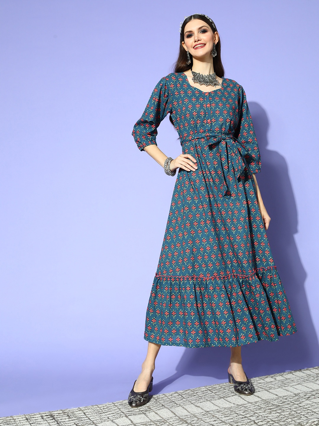 

Yufta Blue Ethnic Motifs Sweetheart Neck Ethnic Cotton A-Line Midi Dress