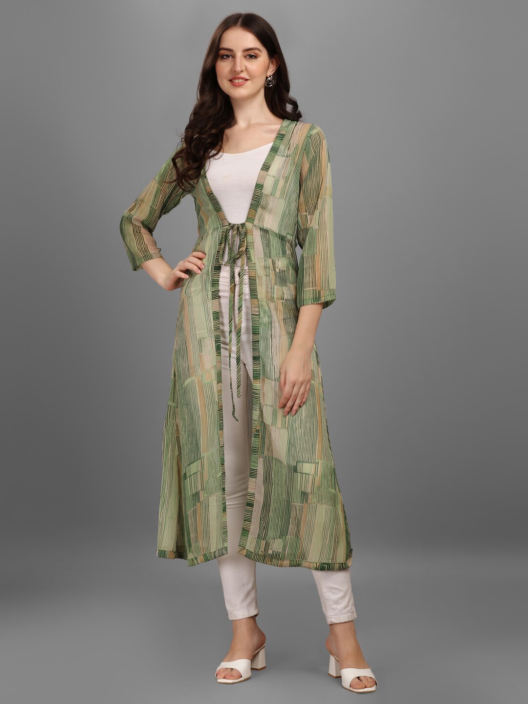 

GUFRINA Women Green & Beige Printed Longline Tie-Up Shrug