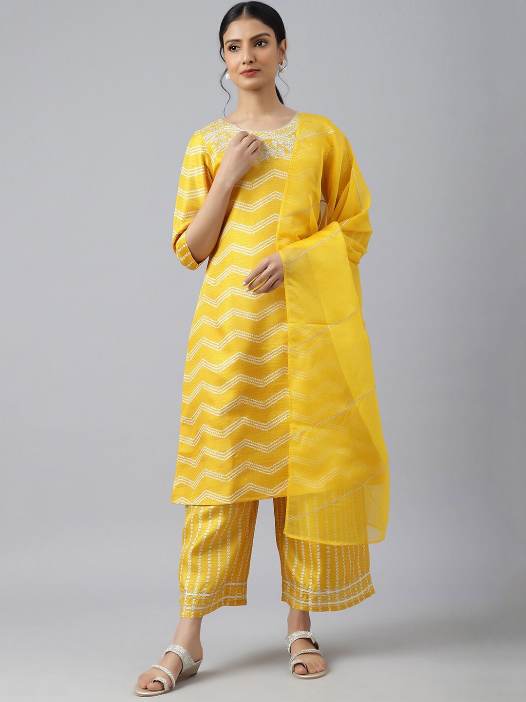 

W Festive Bandhani Print Silk Kurta With Parallel Pant & Dupatta, Yellow