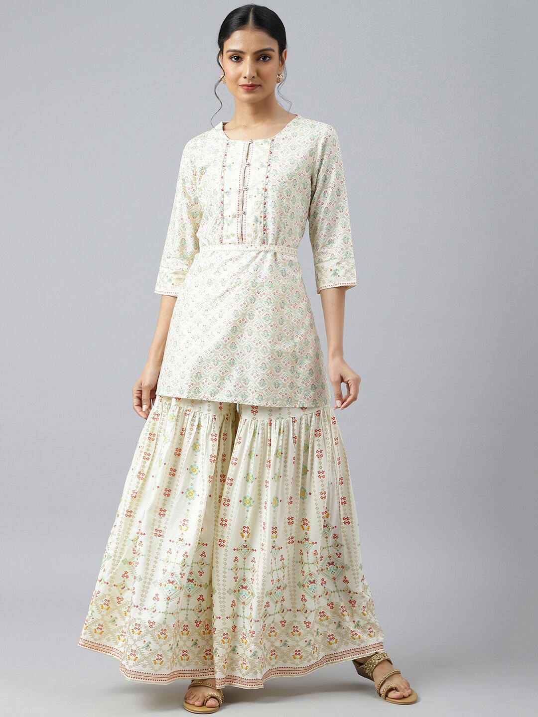 

W Women White Ethnic Motifs Printed Layered Kurti with Sharara