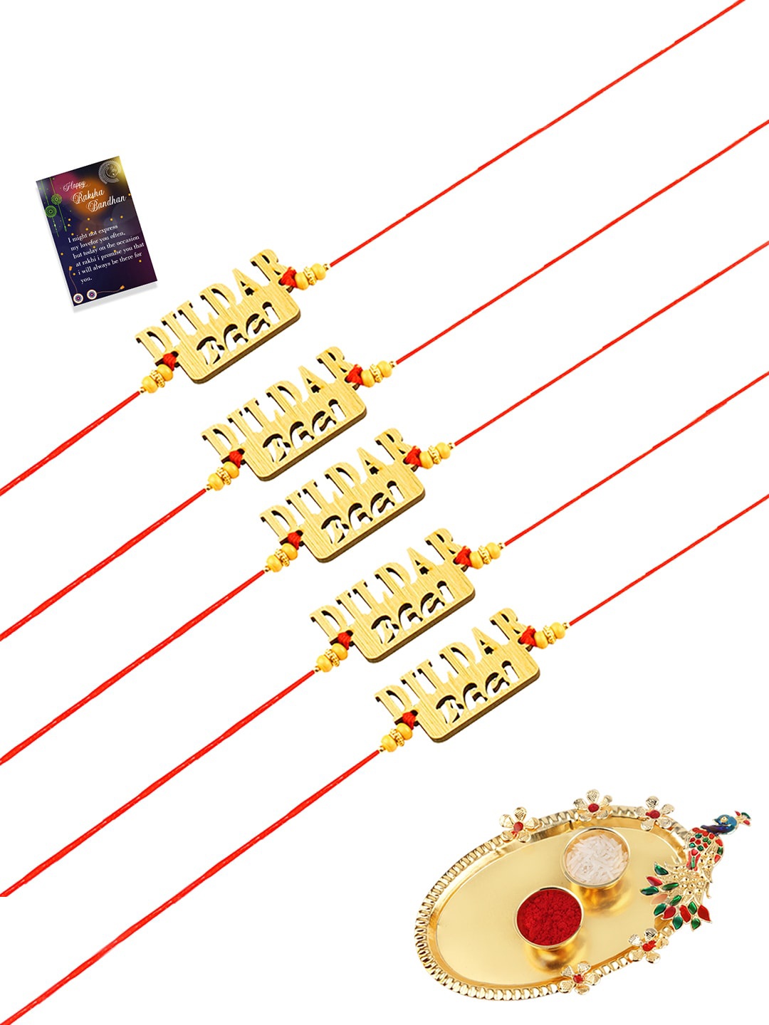 

Silver Shine Gold-Toned & Red Bhaiya Rakhi For Bhai With Roli Chawal Thali & Greeting Card