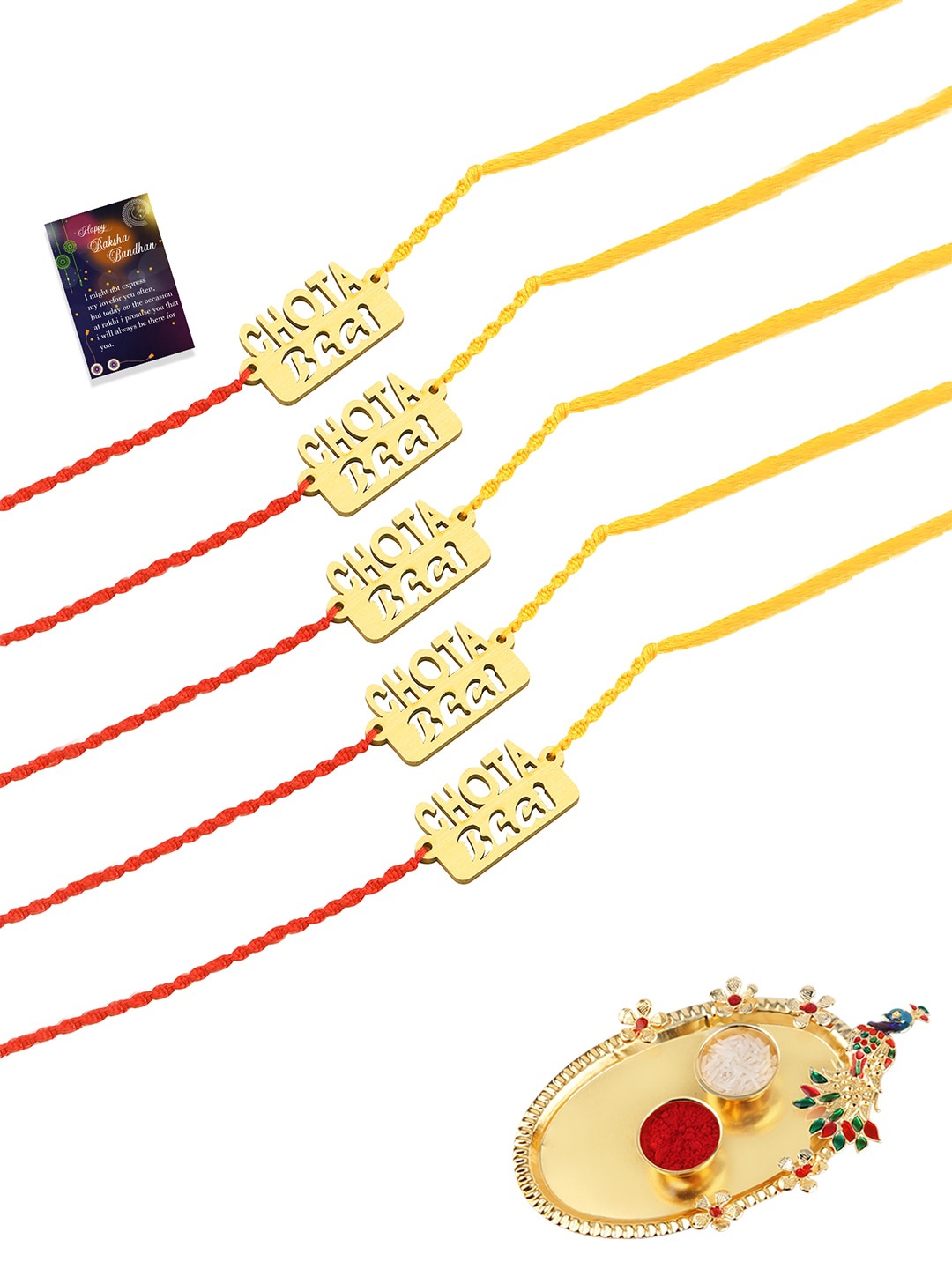 

Silver Shine Pack Of 5 Multicoloured Rakhi With Roli Chawal, Gold