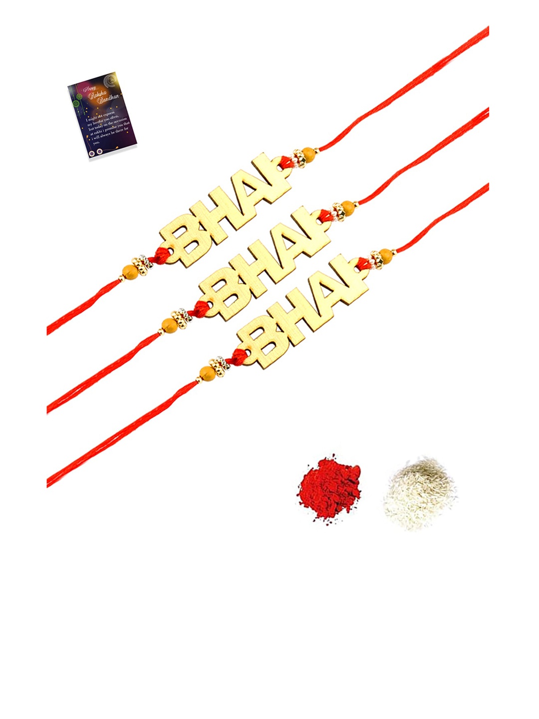 

Silver Shine Pack of 3 Red & Gold Rakhi With Roli Chawal Greeting Card