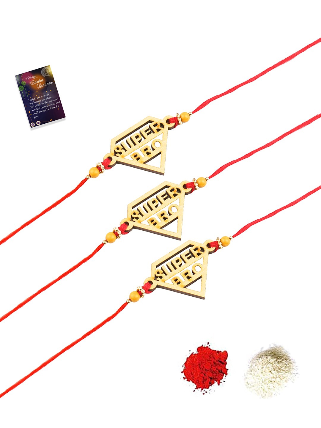 

Silver Shine Set of 3 SUPER BRO Rakhis With Roli Chawal & Greeting Card, Gold