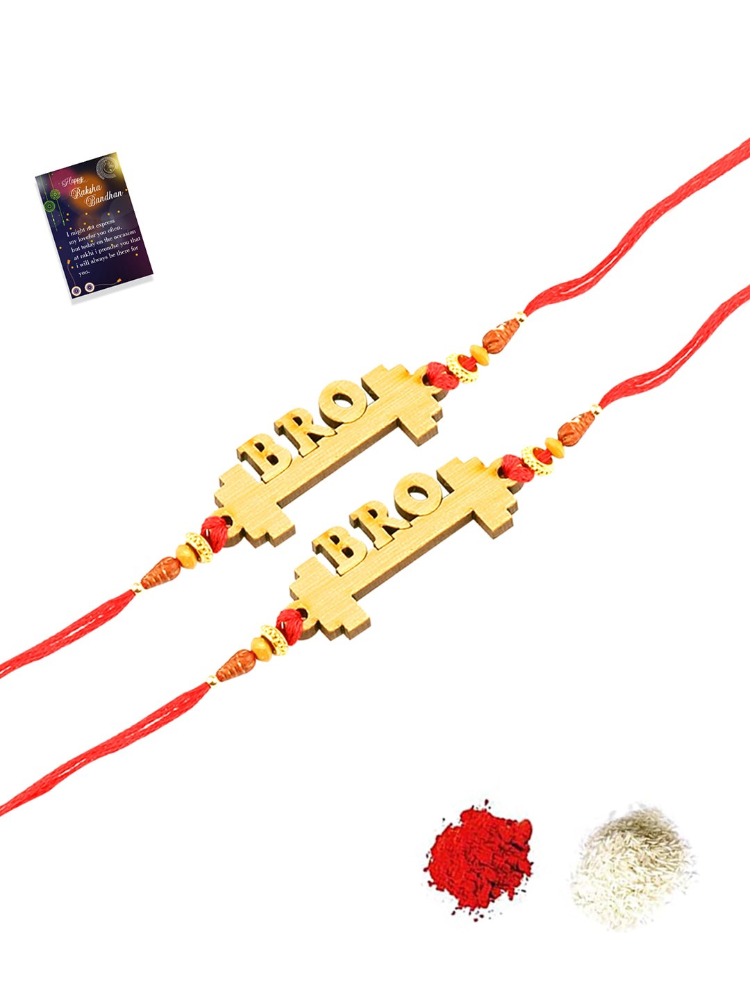 

Silver Shine Gold-Toned & Red Set Of 2 Rakhi with Roli Chawal Greeting Card