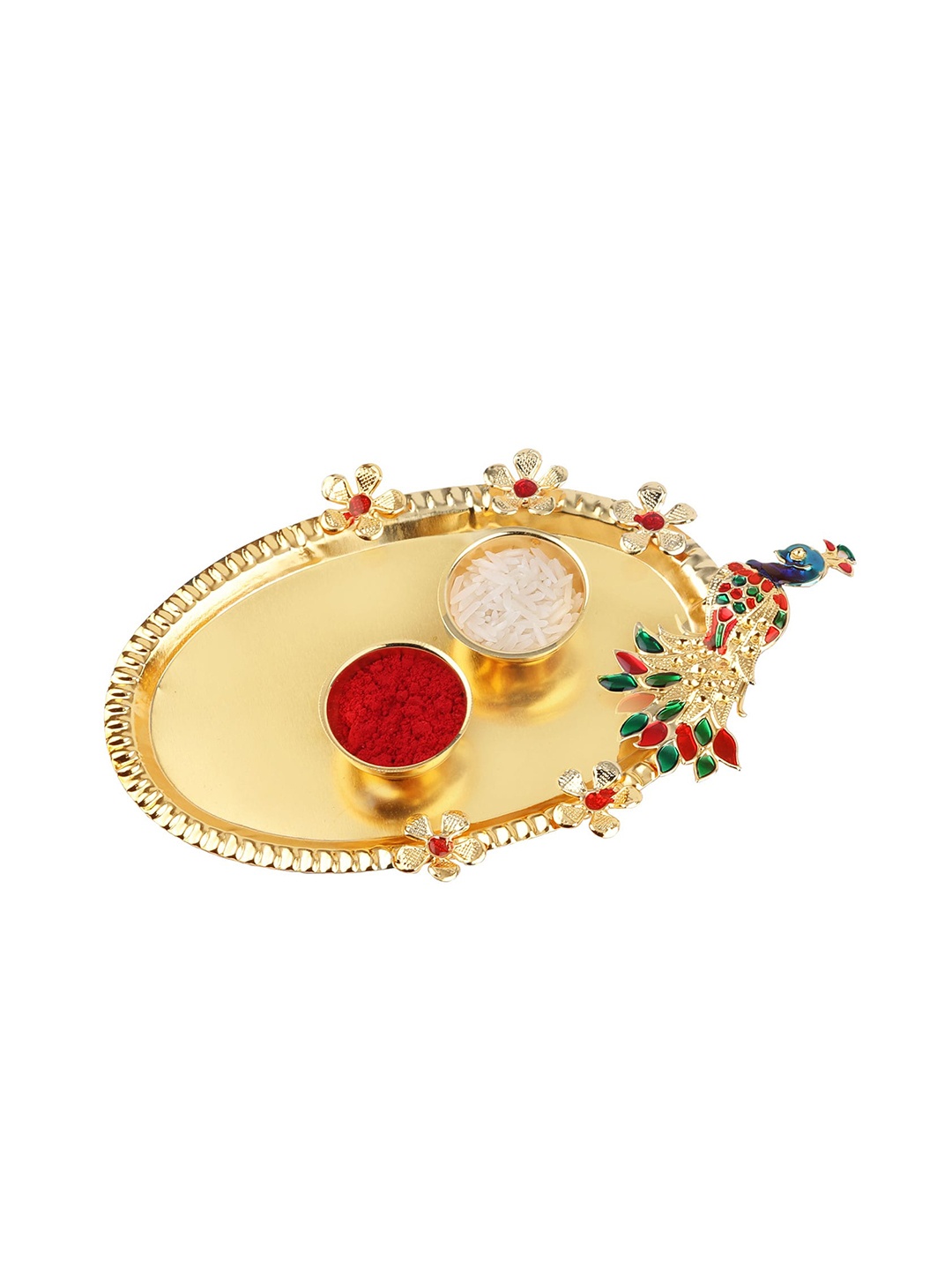 

Silver Shine Set Of 4 Rakhi With Pooja Thali Roli Chawal & Greeting Card, Gold
