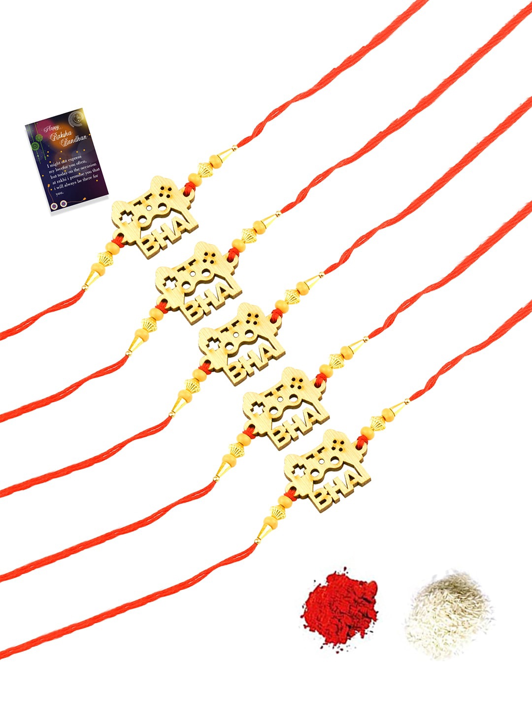 

Silver Shine Gold-Toned & Red 5 Rakhi With Roli Chawal And Greeting Card