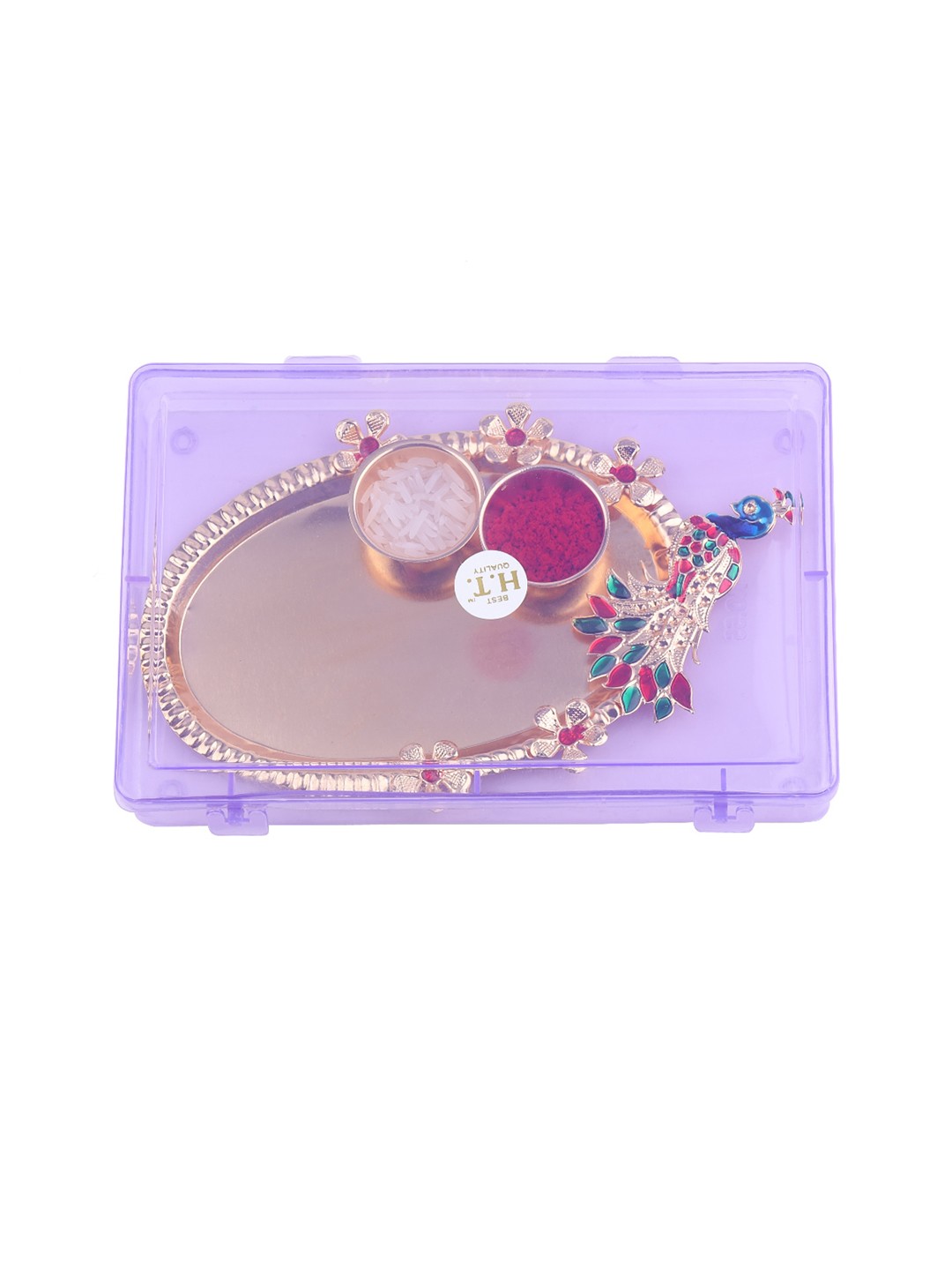 

Silver Shine Set Of 2 Rakhi With Pooja Thali Roli Chawal Greeting Card, Gold