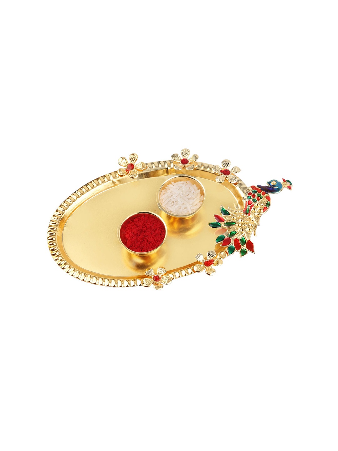 

Silver Shine 2 Rakhi With Pooja Thali Roli Chawal Greeting Card, Gold