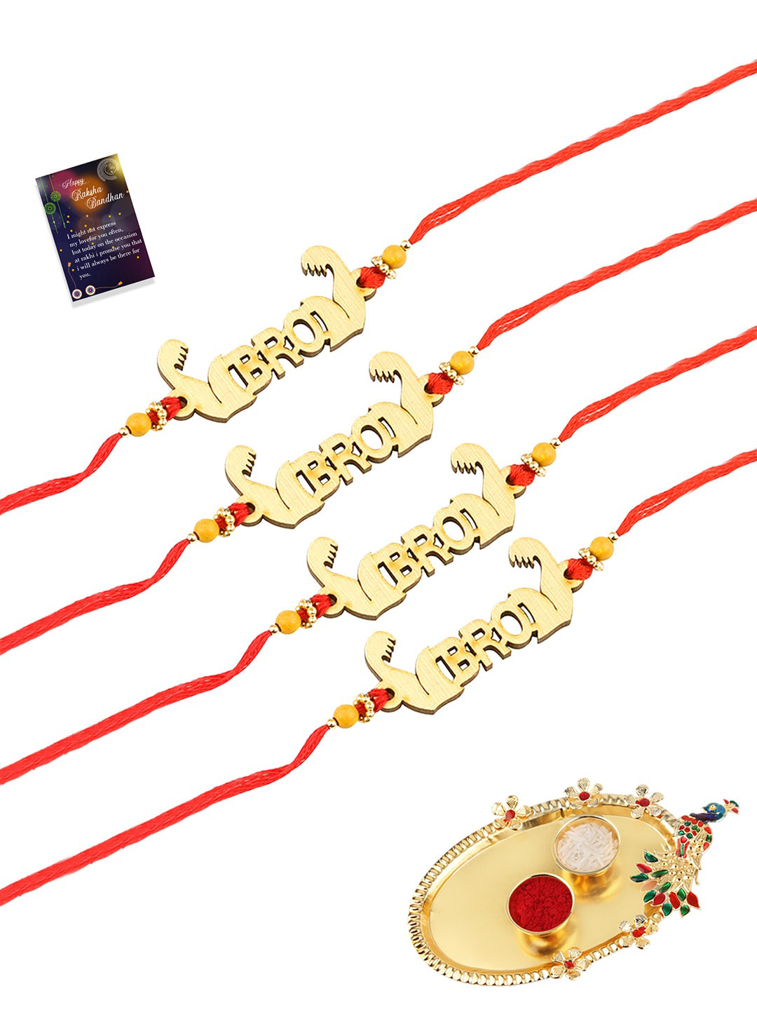

Silver Shine Gold-Toned & Red 4 Rakhi With Pooja Thali Roli Chawal Greeting Card