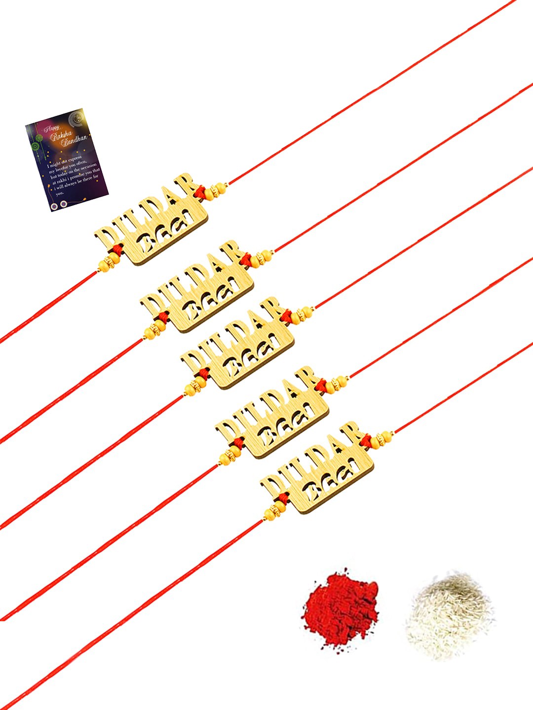 

Silver Shine Pack of 5 Rakhi With Roli Chawal And Greeting Card, Red