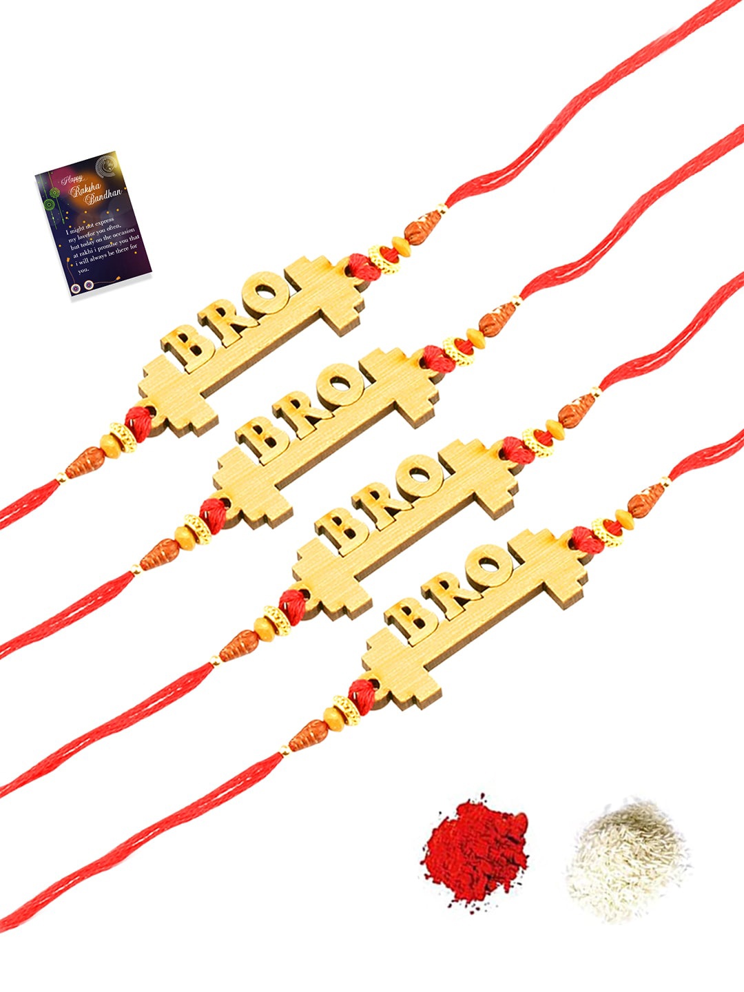 

Silver Shine Set of 4 Red & Gold-Toned BRO Pendant Rakhis