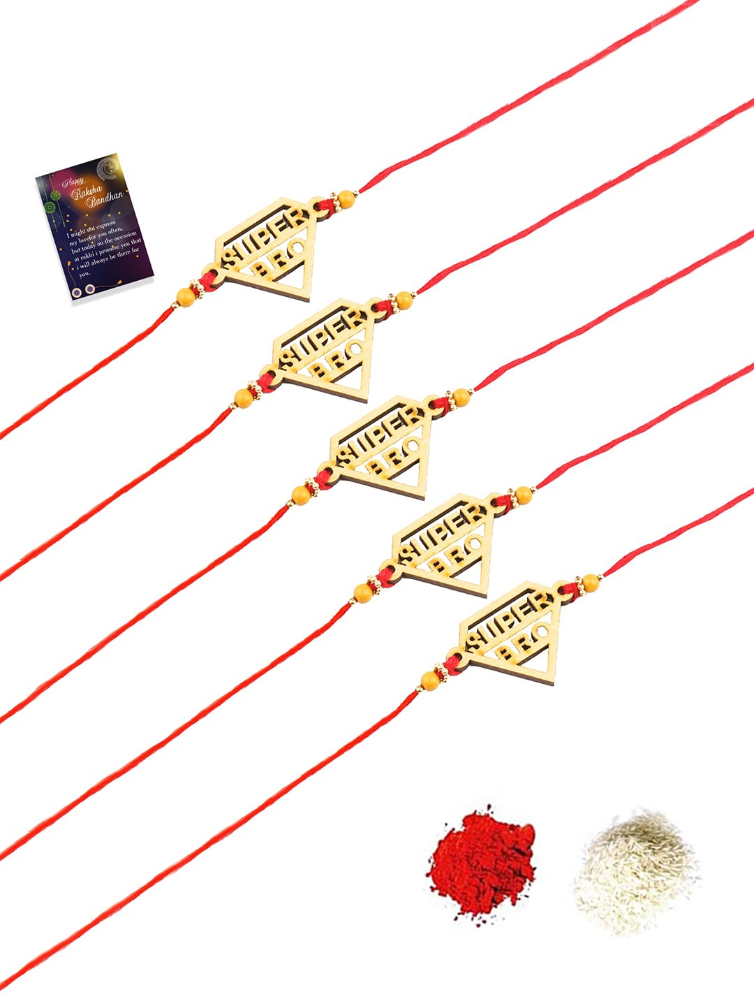 

Silver Shine Gold-Toned & Red Bhaiya Rakhi For Bhai With Roli Chawal & Greeting Card