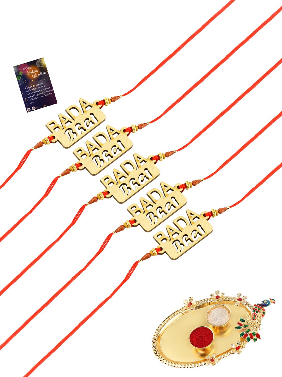 

Silver Shine Pack Of 5 Gold-Toned & Red Rakhi With Pooja Thali & Greeting Card