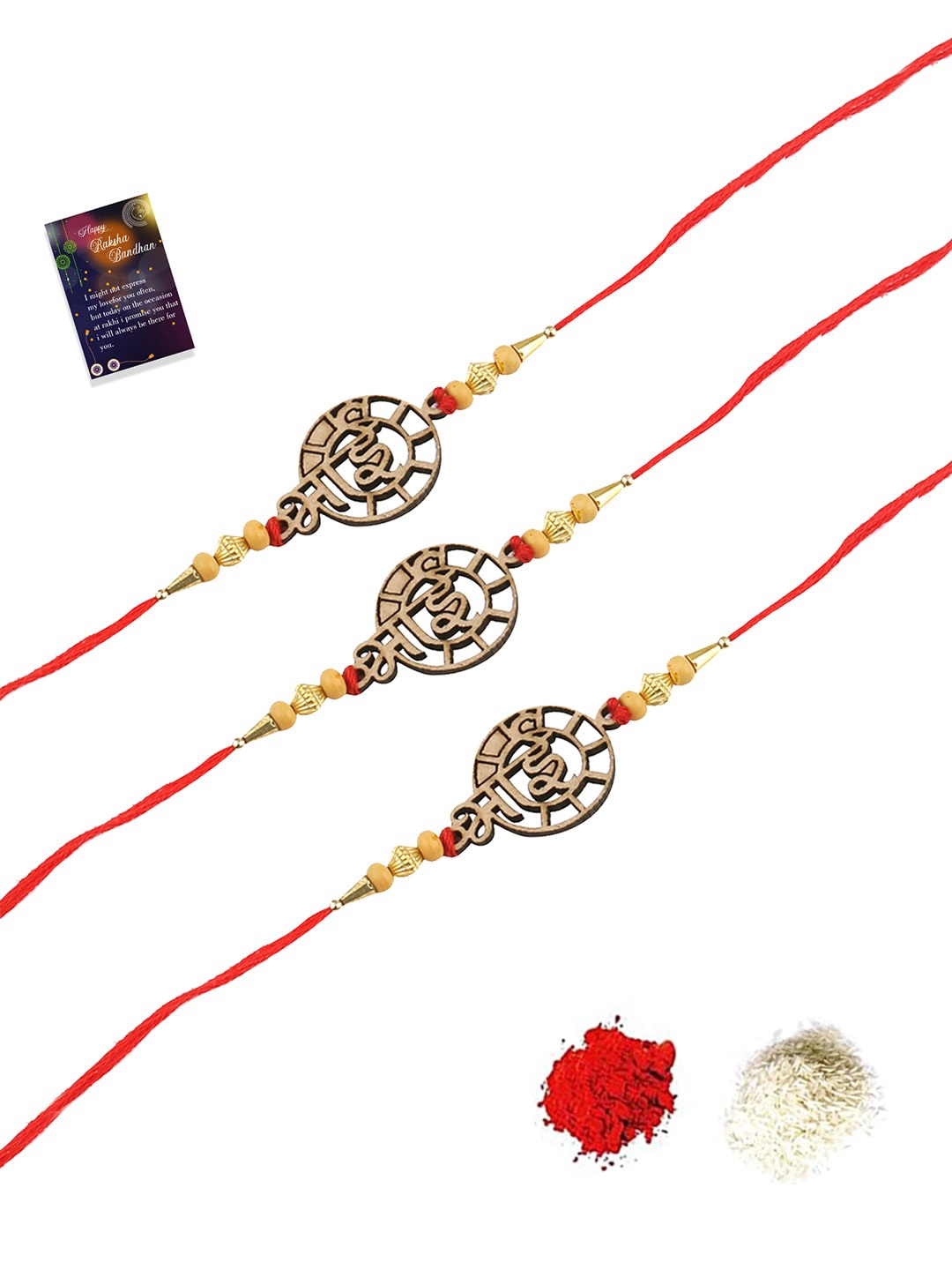 

Silver Shine Pack Of 3 Red & Gold-Toned Rakhi With Roli Chawal and Greeting Card