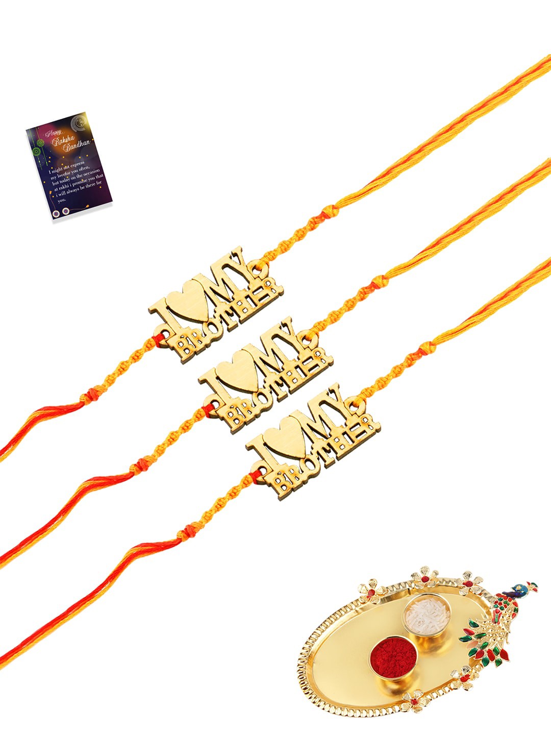 

Silver Shine Set Of 3 Rakhi With Pooja Thali Roli Chawal Greeting Card, Gold