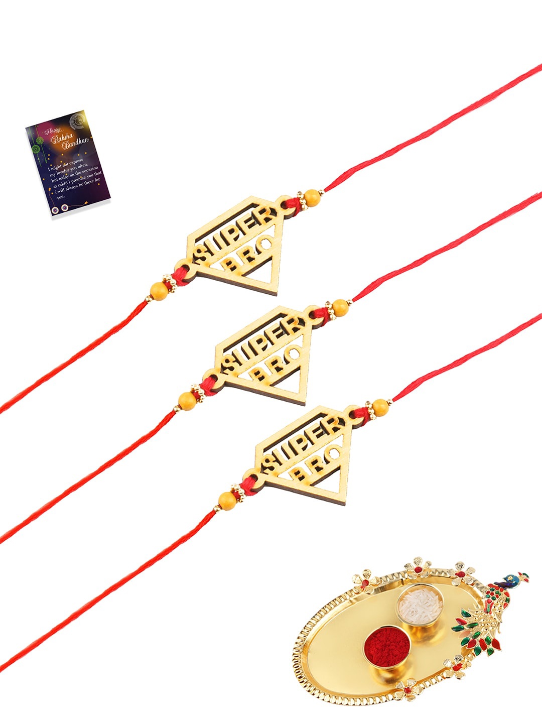

Silver Shine 3 Rakhi With Pooja Thali Roli Chawal and Greeting Card, Red