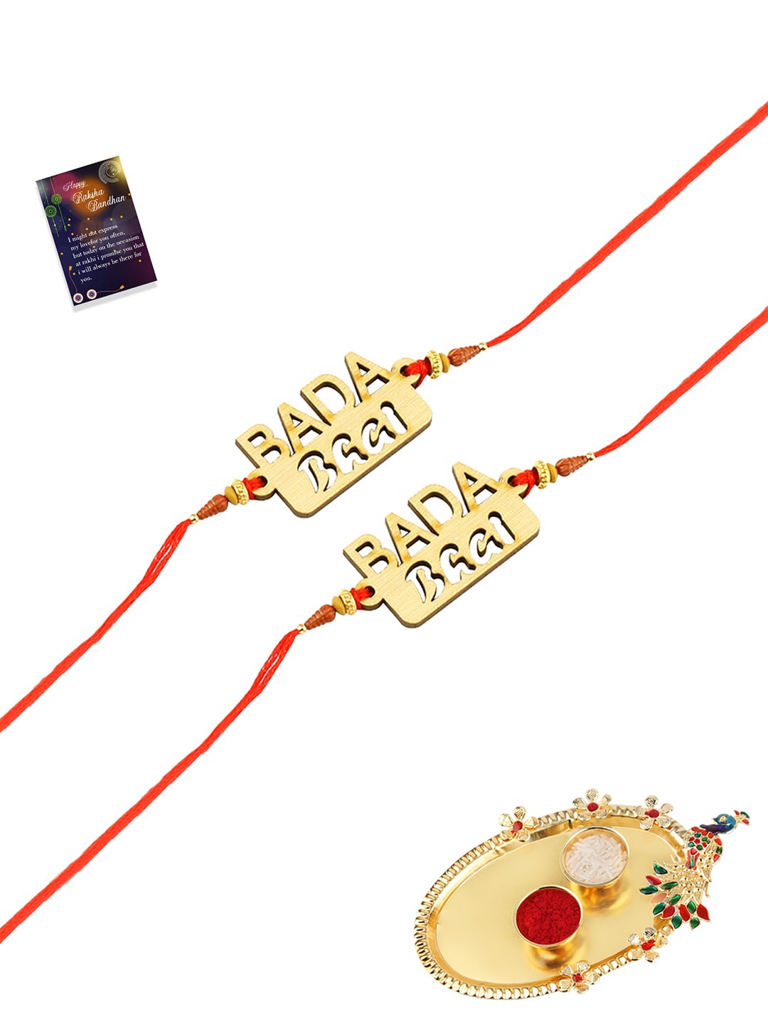 

Silver Shine Set Of 2 Red & Gold Rakhi With Pooja Thali Roli Chawal Greeting Card