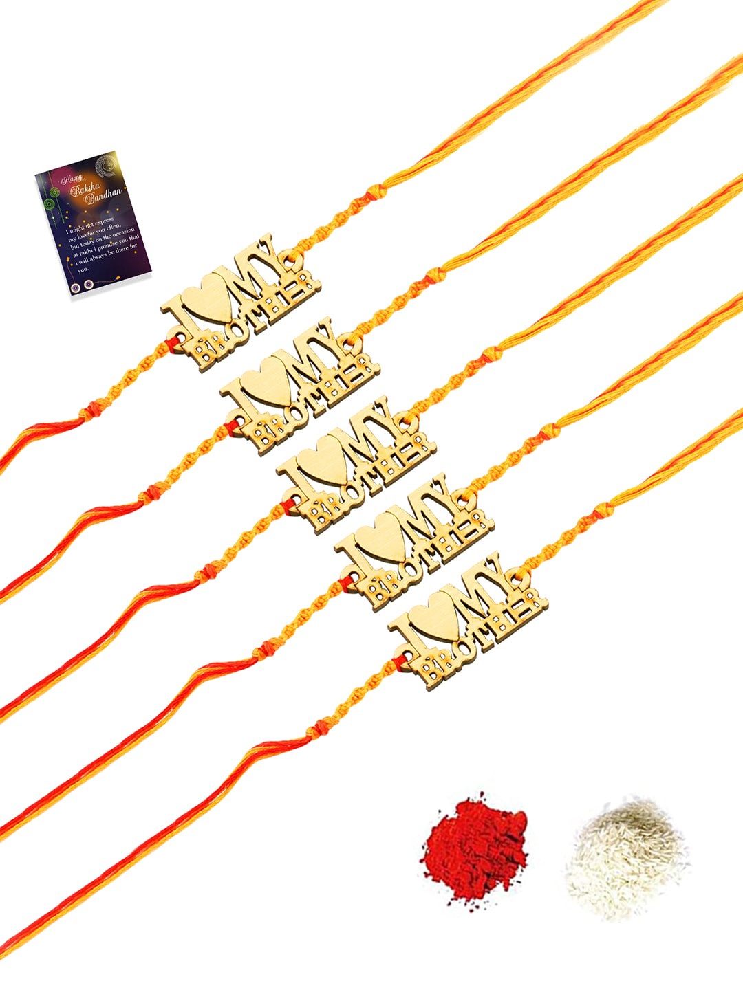 

Silver Shine 5 Rakhi With Roli Chawal And greeting Card, Gold