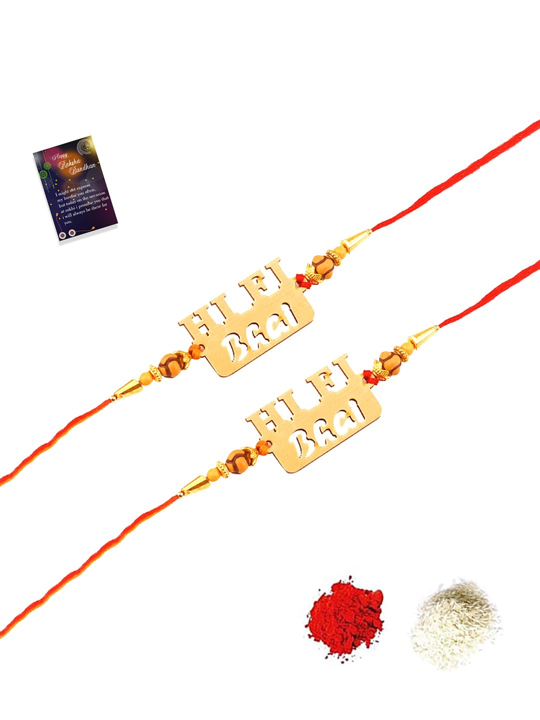 

Silver Shine Set of 2 Rakhi With Roli Chawal Greeting Card, Gold