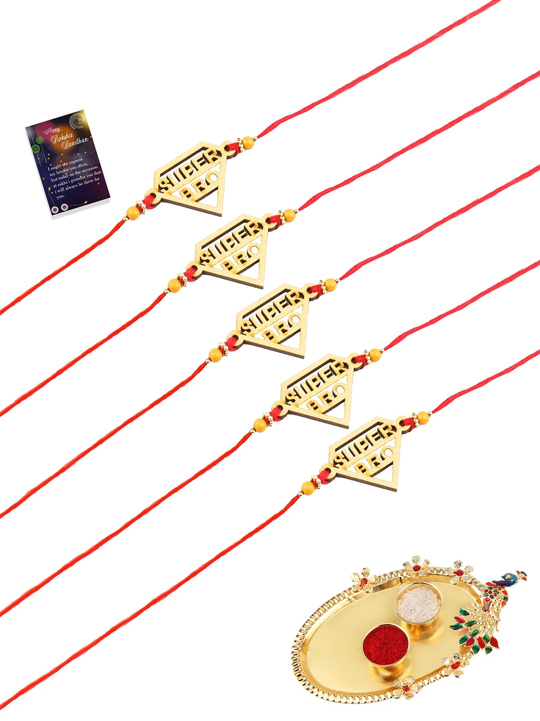 

Silver Shine 5 Rakhi With Pooja Thali Roli Chawal And Greeting Card, Gold