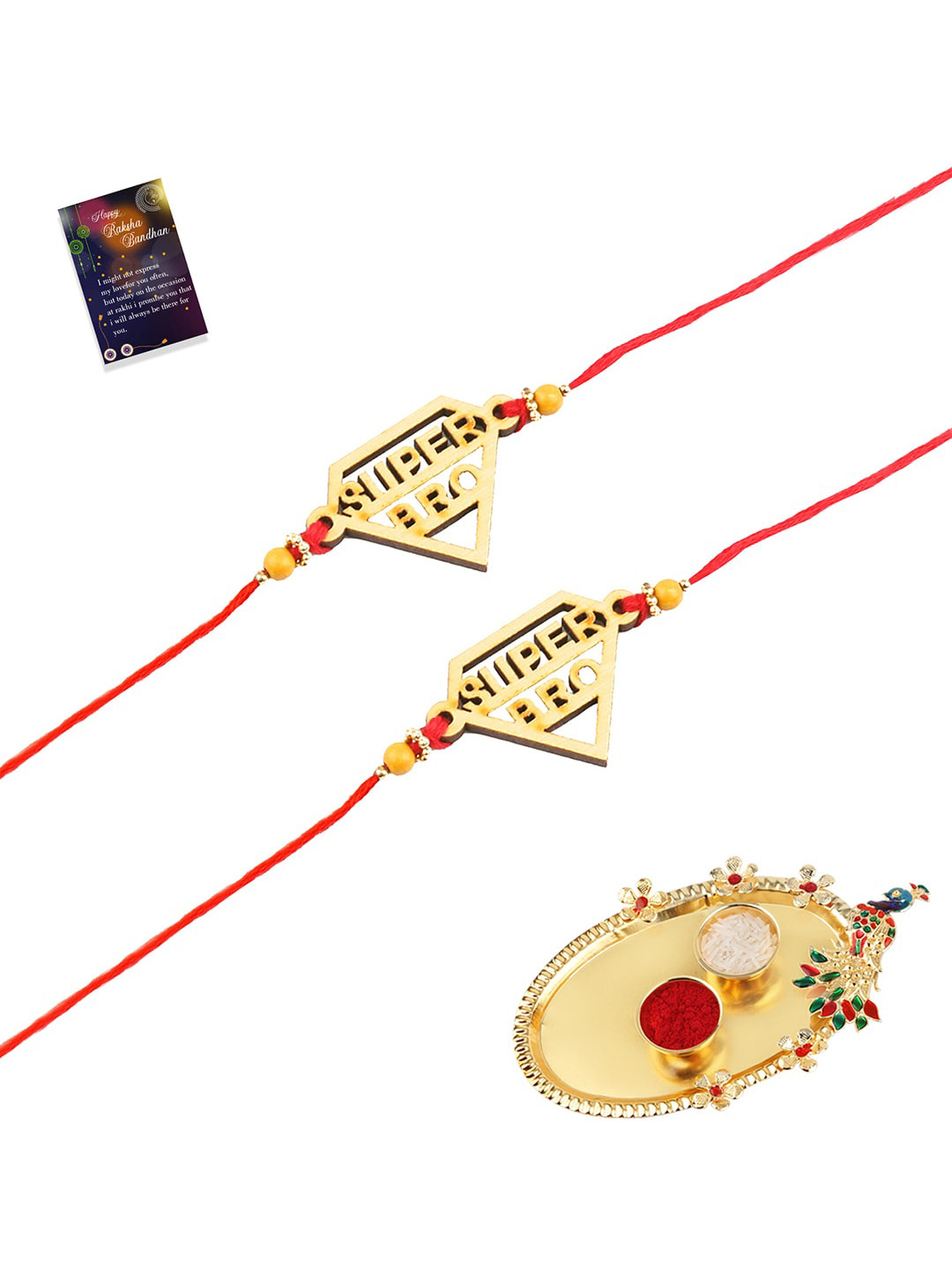 

Silver Shine Gold-Toned & Red Pack Of 2 Rakhi With Pooja Thali Roli Chawal Greeting Card