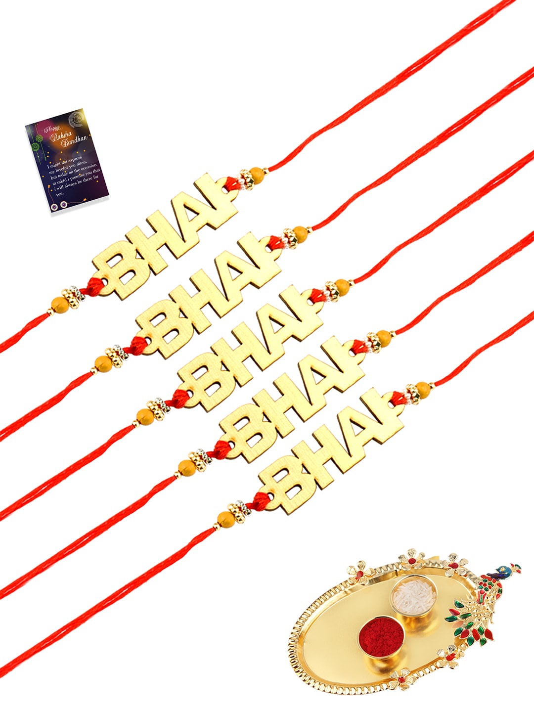 

Silver Shine Pack Of 5 Multi Rakhi With Pooja Thali Roli Chawal And greeting Card