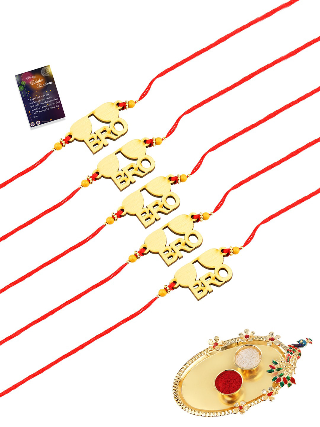 

Silver Shine 5 Rakhi With Pooja Thali Roli Chawal And Greeting Card, Gold
