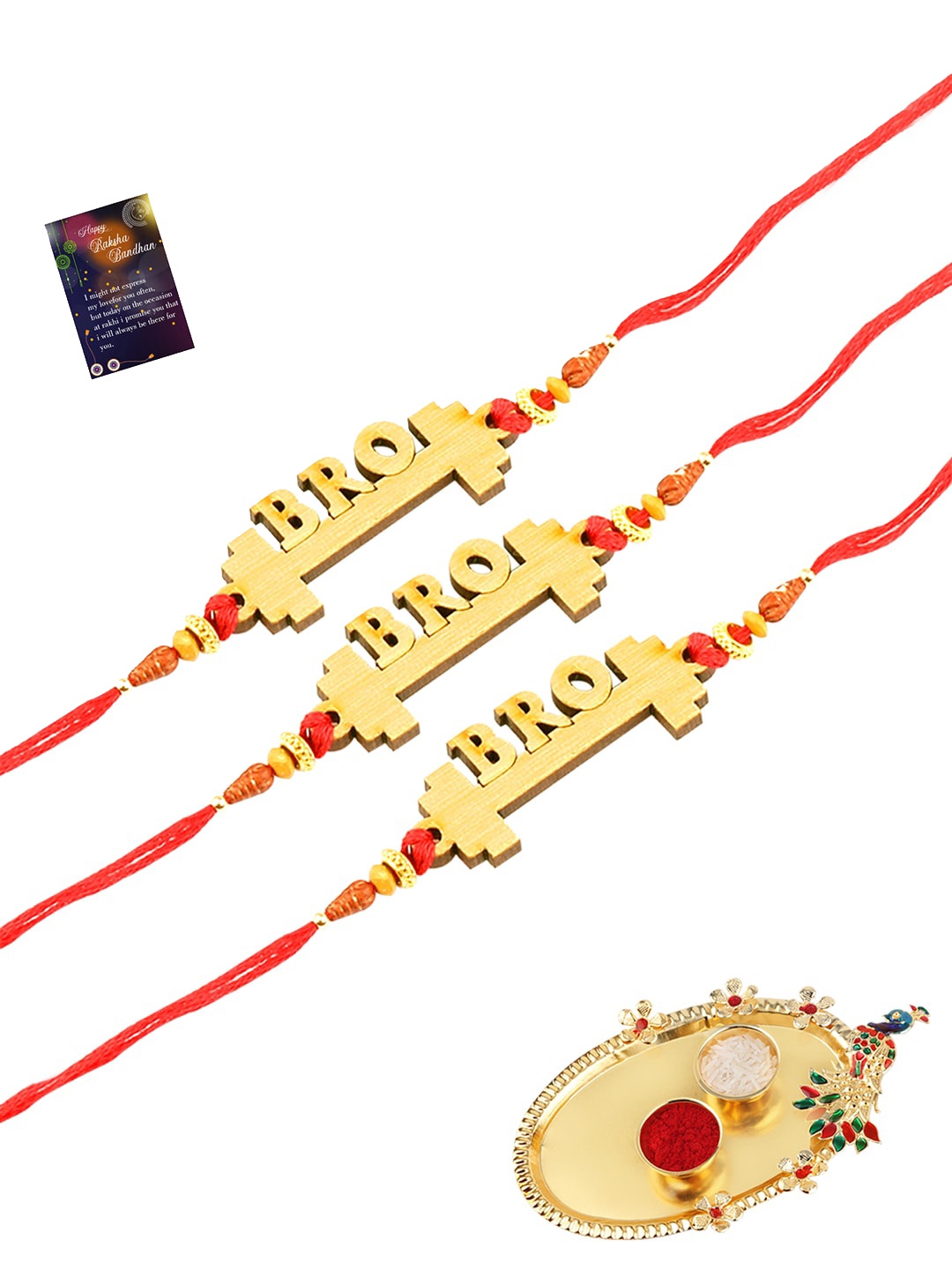 

Silver Shine 3 Rakhi with Pooja Thali Roli Chawal Greeting Card, Gold