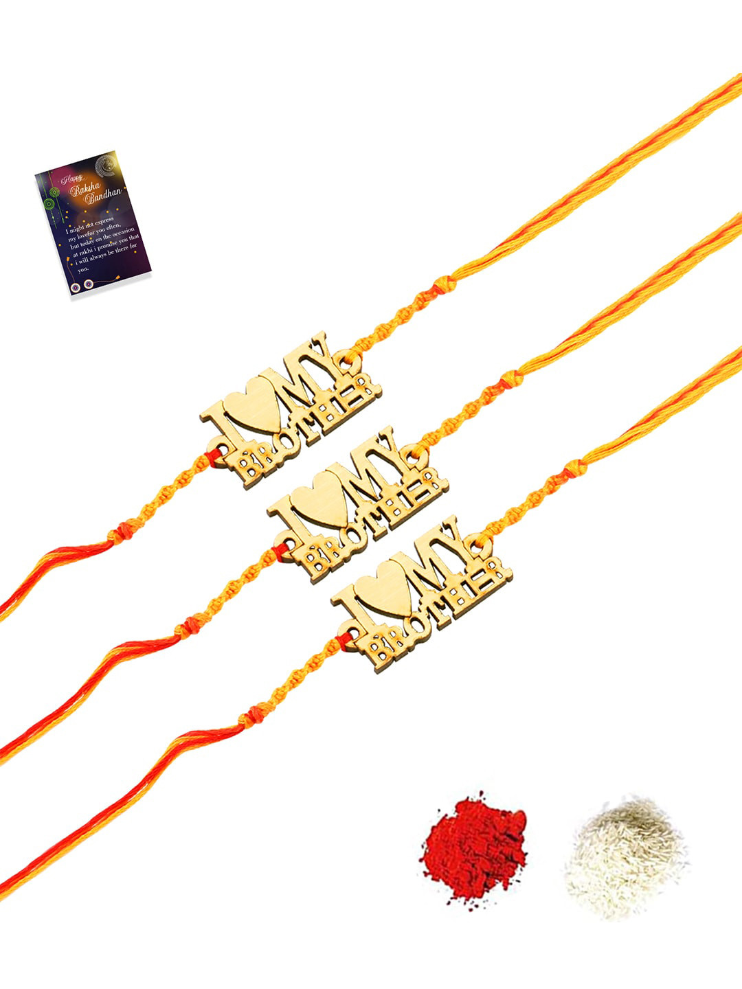 

Silver Shine Pack of 3 Rakhi With Roli Chawal Greeting Card, Gold