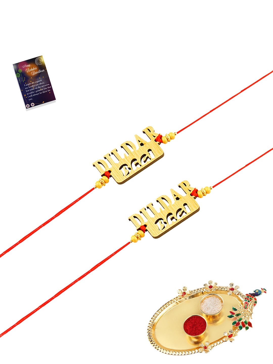 

Silver Shine Gold & Red Set of 2 Rakhi With Roli Chawal Greeting Card