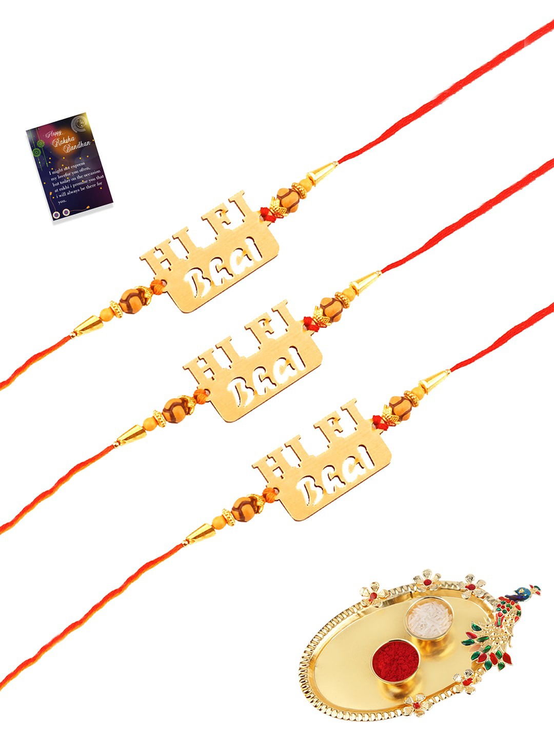 

Silver Shine 3 Rakhi with Pooja Thali Roli Chawal Greeting Card, Gold