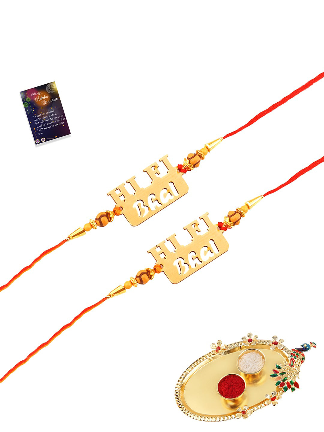 

Silver Shine Gold-Toned & Red 2 Rakhi With Pooja Thali Roli Chawal Greeting Card