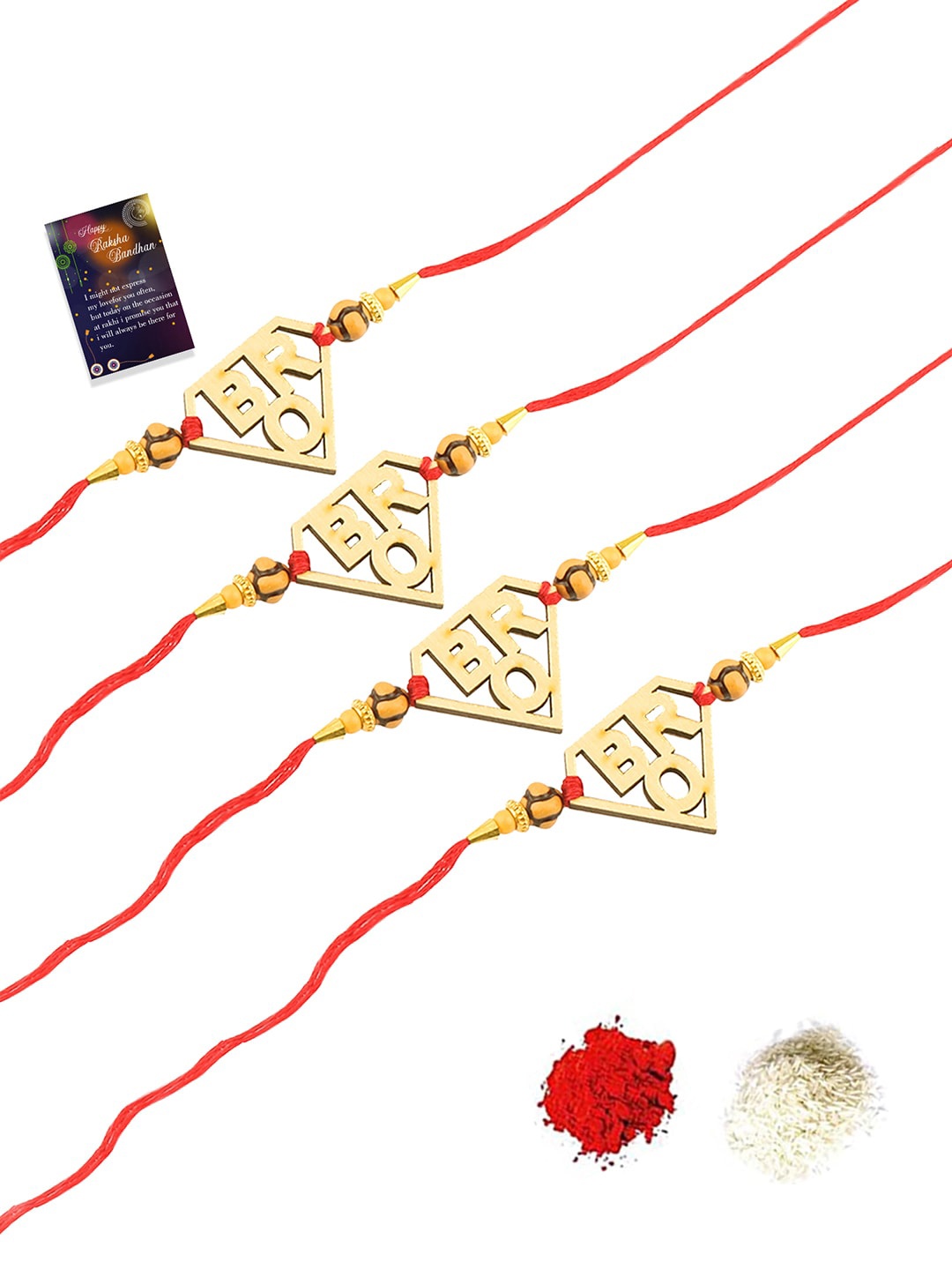 

Silver Shine 4 Rakhi With Roli Chawal and Greeting Card, Gold