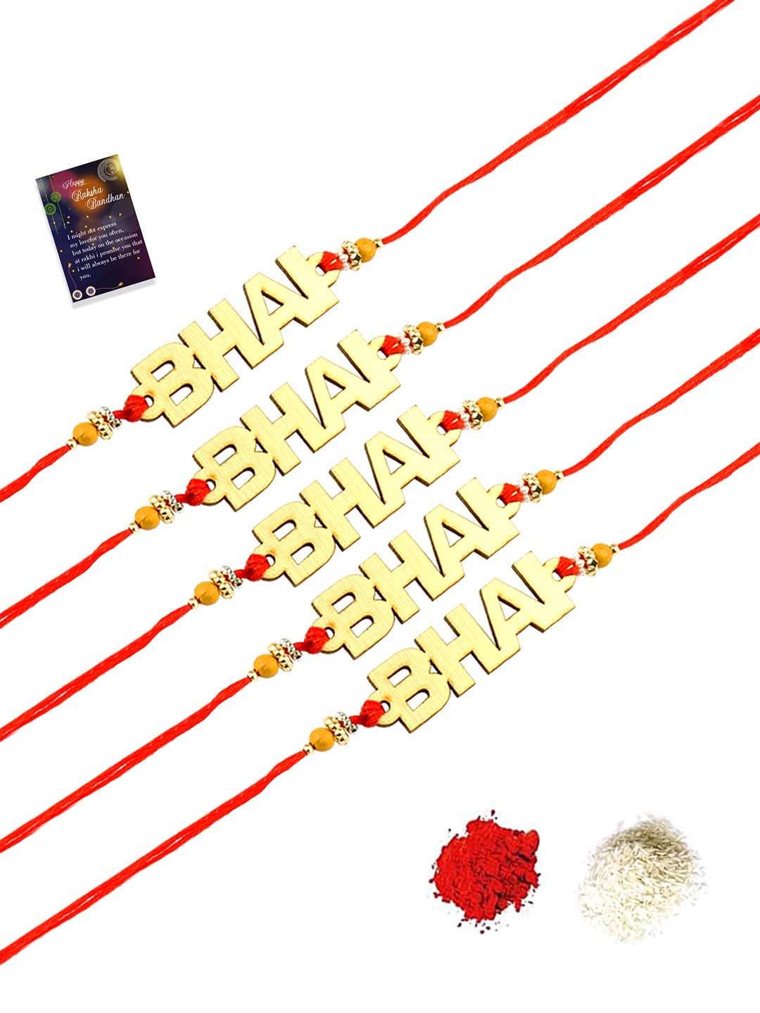 

Silver Shine 5 Rakhi With Roli Chawal And Greeting Card, Gold