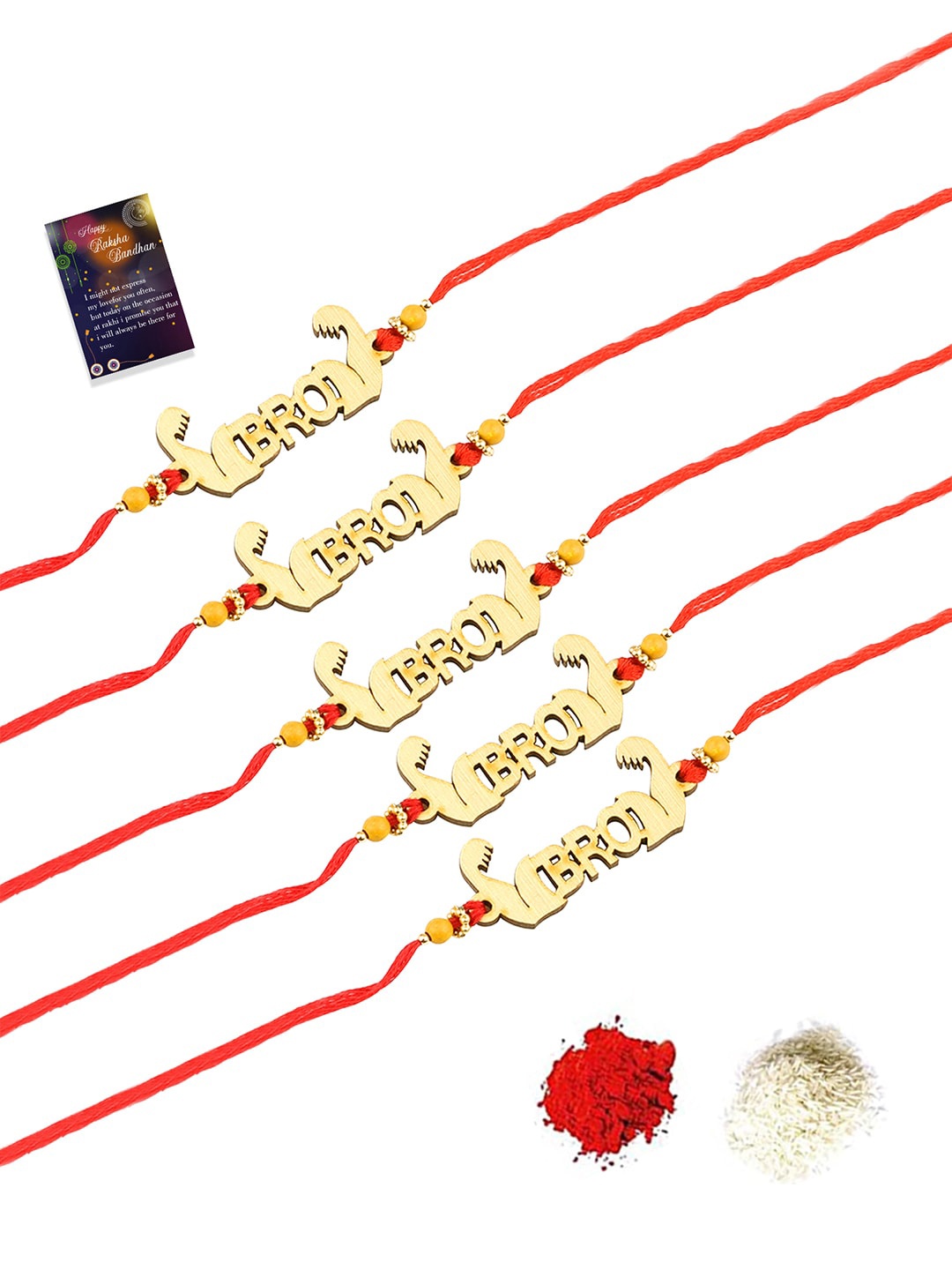 

Silver Shine 5 Rakhi With Roli Chawal And greeting Card, Gold