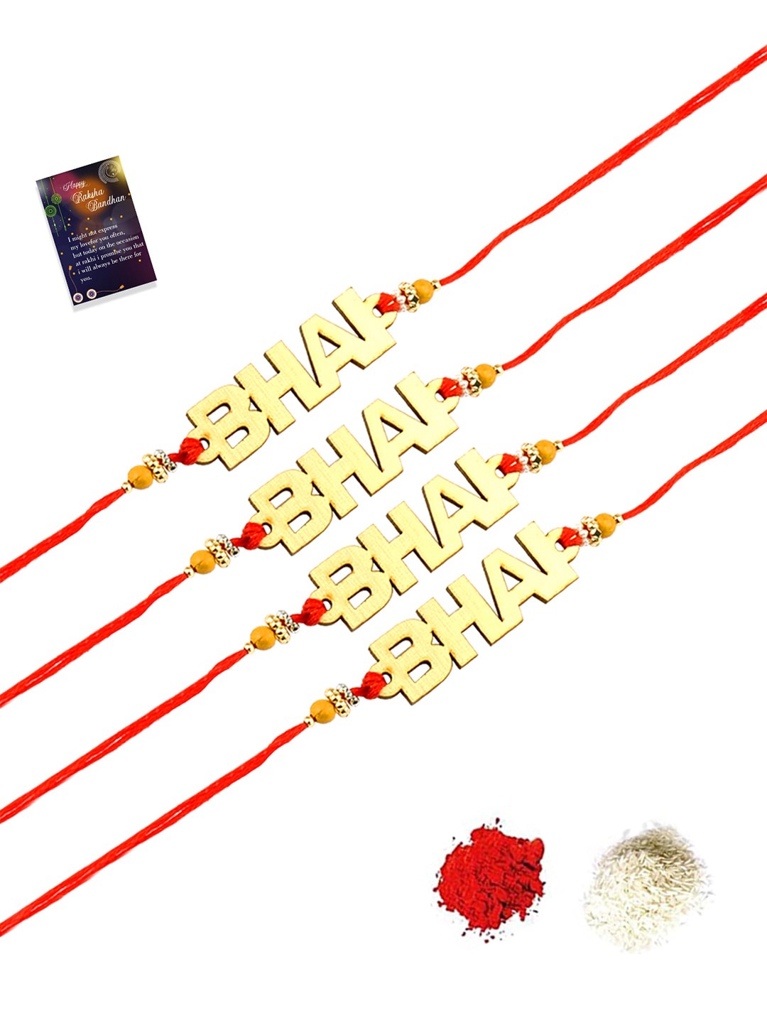 

EL REGALO Gold-Toned & Red 4 Rakhi With Roli Chawal Greeting Card