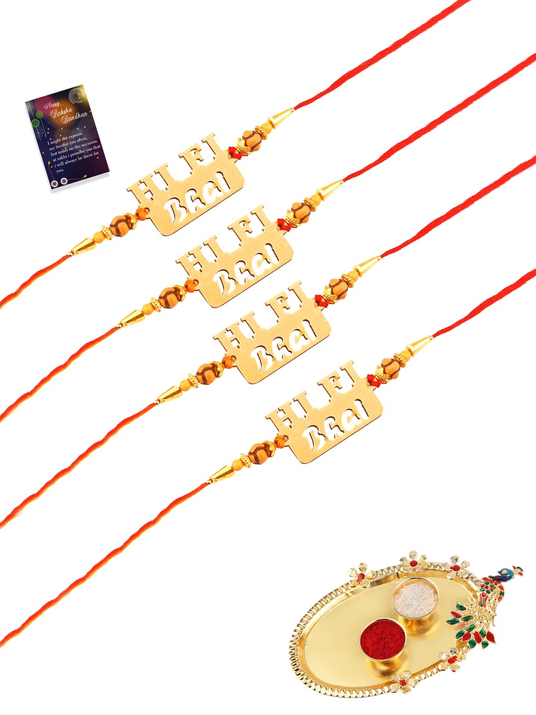 

Silver Shine Set Of 4 Rakhi With Pooja Thali Roli Chawal Greeting Card, Gold